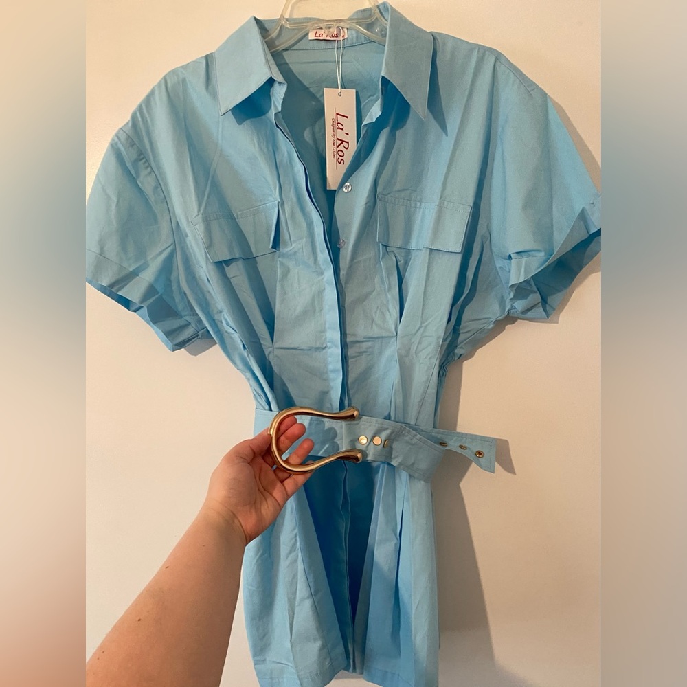 La’ Ros Blue Belted Western Style Mini Shirt Dress Size Medium NWT